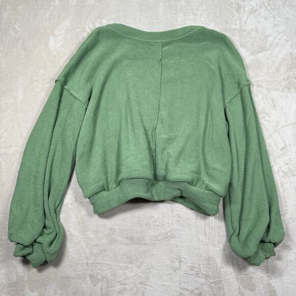 Free People Beach Happy Pullover Sweatshirt Women's Size XL Green Balloon Sleeve - Picture 4 of 8